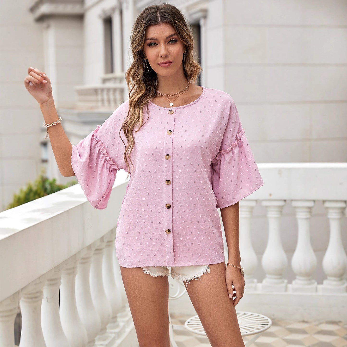 Damen Bluse Rüschendetails Knopfleiste Eveloria