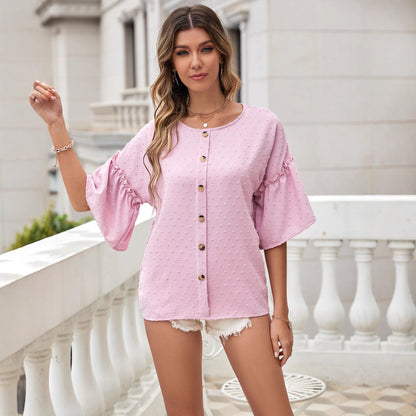 Damen Bluse Rüschendetails Knopfleiste Eveloria