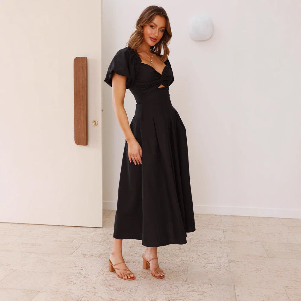 Damen Midikleid Puffärmel Verspielter Knoten Detail