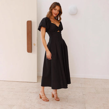 Damen Midikleid Puffärmel Verspielter Knoten Detail