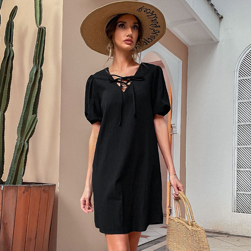 Damen Freizeitkleid mit Schnürung und Puffärmeln Eveloria