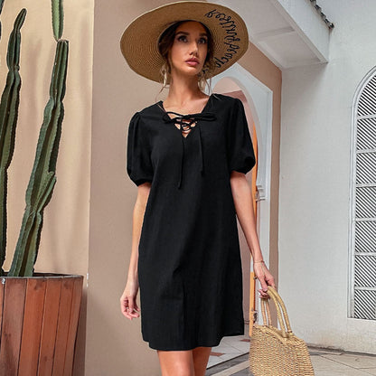 Damen Freizeitkleid mit Schnürung und Puffärmeln Eveloria