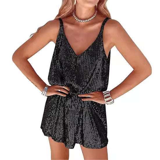 Damen Glitzer Jumpsuit V-Ausschnitt Elastisch Schwarz Eveloria - Eveloria