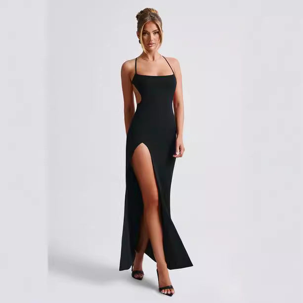 Damen Maxikleid mit seitlichem Schlitz und dünnen Trägern Schwarz - Eveloria