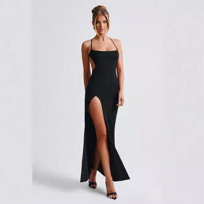 Damen Maxikleid mit seitlichem Schlitz und dünnen Trägern Schwarz - Eveloria