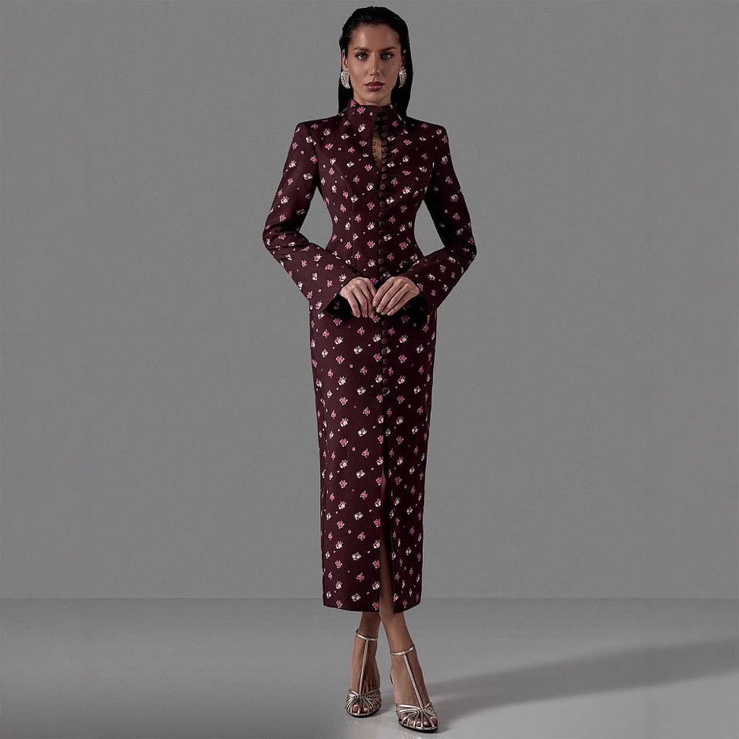 Damen Langarmkleid Florales Muster Hochgeschlossener Kragen