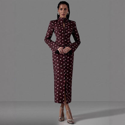 Damen Langarmkleid Florales Muster Hochgeschlossener Kragen