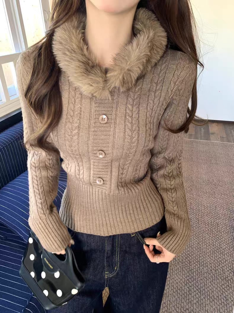 Damen Strickpullover Fellkragen Elegante Knöpfe Beige