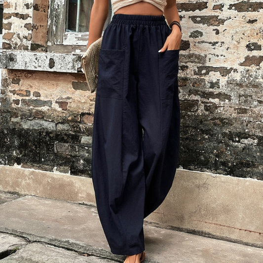 Damen Haremshose Elastischer Bund Weite Bein mit Taschen Schwarz - Eveloria