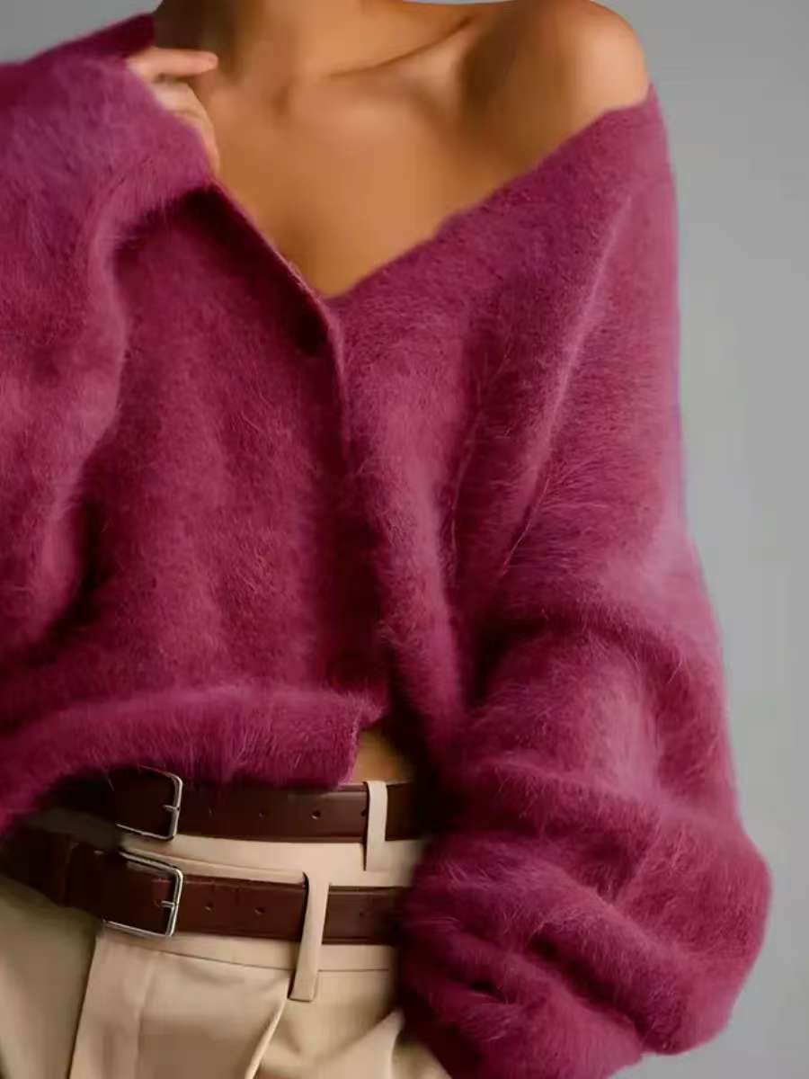 Damen Strickjacke V-Ausschnitt Knöpfe Flauschig Grau Eveloria