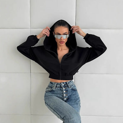 Damen Cropped Kapuzenjacke Elastischer Bund Lässiger Schnitt