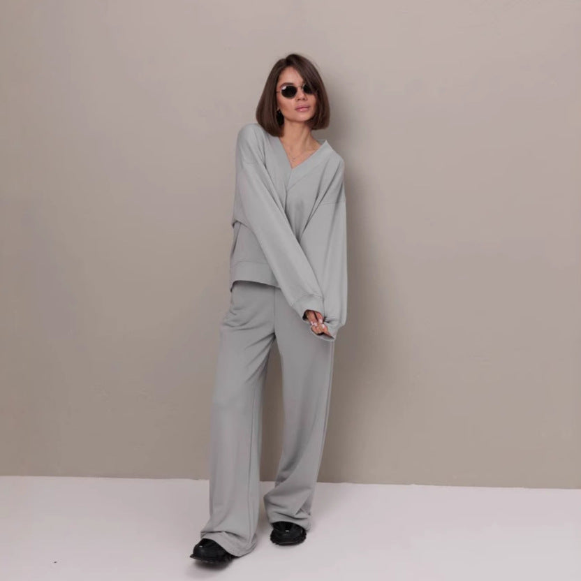 Damen Oversized Sweatshirt V-Ausschnitt Länge Lang Ärmel Grau