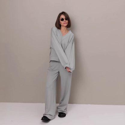Damen Oversized Sweatshirt V-Ausschnitt Länge Lang Ärmel Grau
