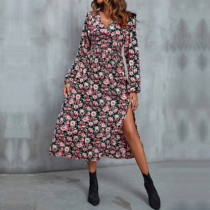 Damen Maxikleid Floralmuster Seidenstoff Seiten Schlitz