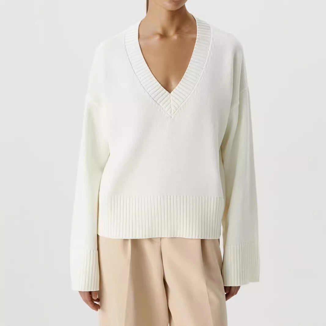 Damen Strickpullover V-Ausschnitt Breite Bündchen Eveloria - Eveloria