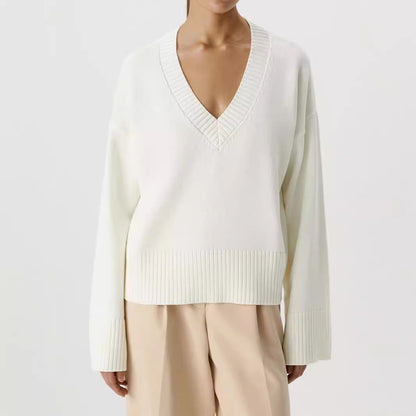 Damen Strickpullover V-Ausschnitt Breite Bündchen Eveloria - Eveloria