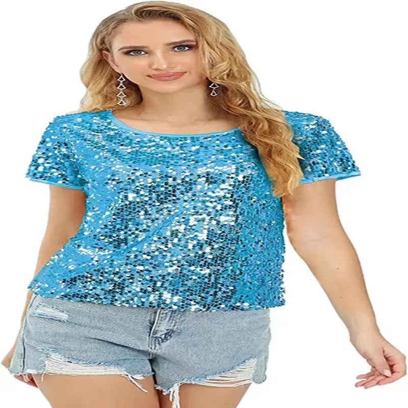 Damen T-Shirt aus Baumwolle mit Pailletten Glitzer Effekt Lässig