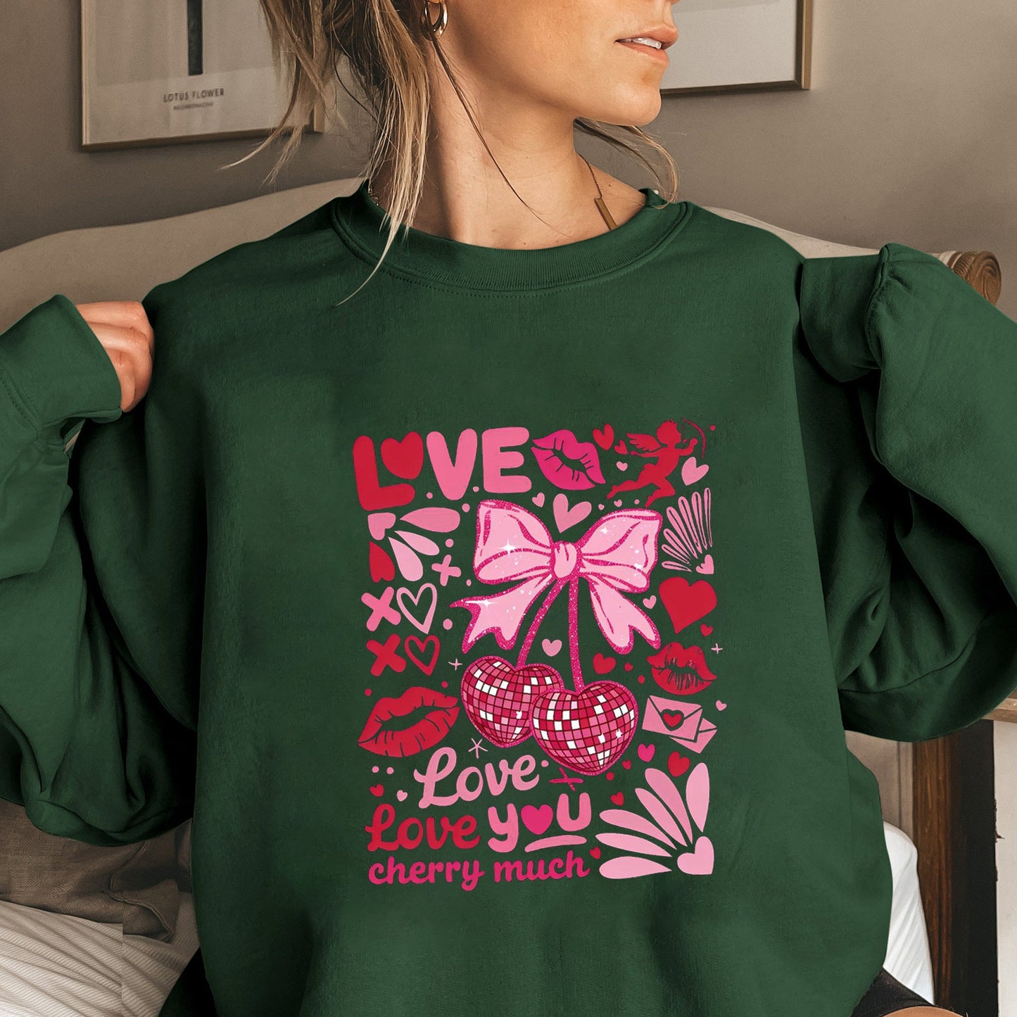 Damen Sweatshirt Voluminöse Ärmel Kirschmotiv