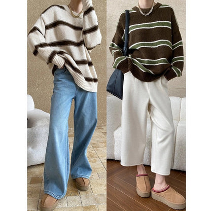 Damen Strickpullover Gestreift Locker Passform Dicker Strick Eveloria