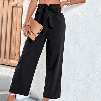 Damen Weite Hochbundhose Bindegürtel Schwarz Eveloria - Eveloria
