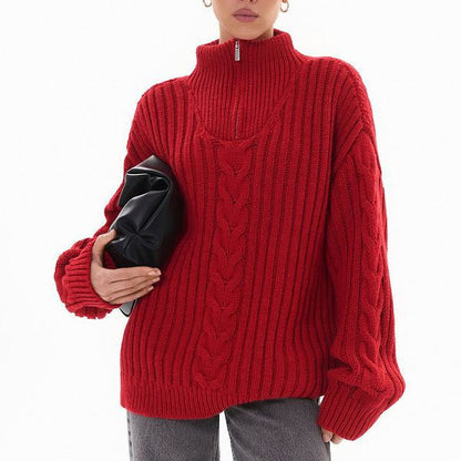 Damen Grobstrickpullover Zip-Kragen Zopf-Design Eveloria