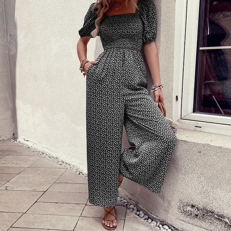 Damen Jumpsuit Elastischer Bund Puffärmel Eveloria
