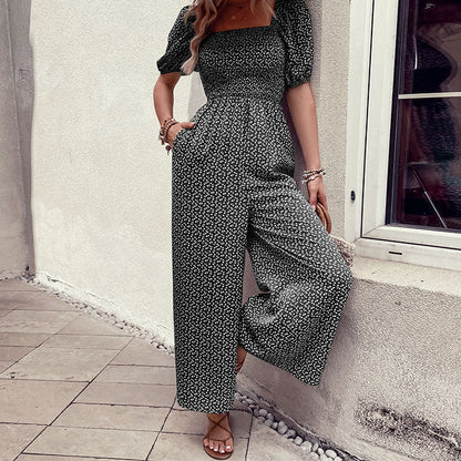 Damen Jumpsuit Elastischer Bund Puffärmel Eveloria