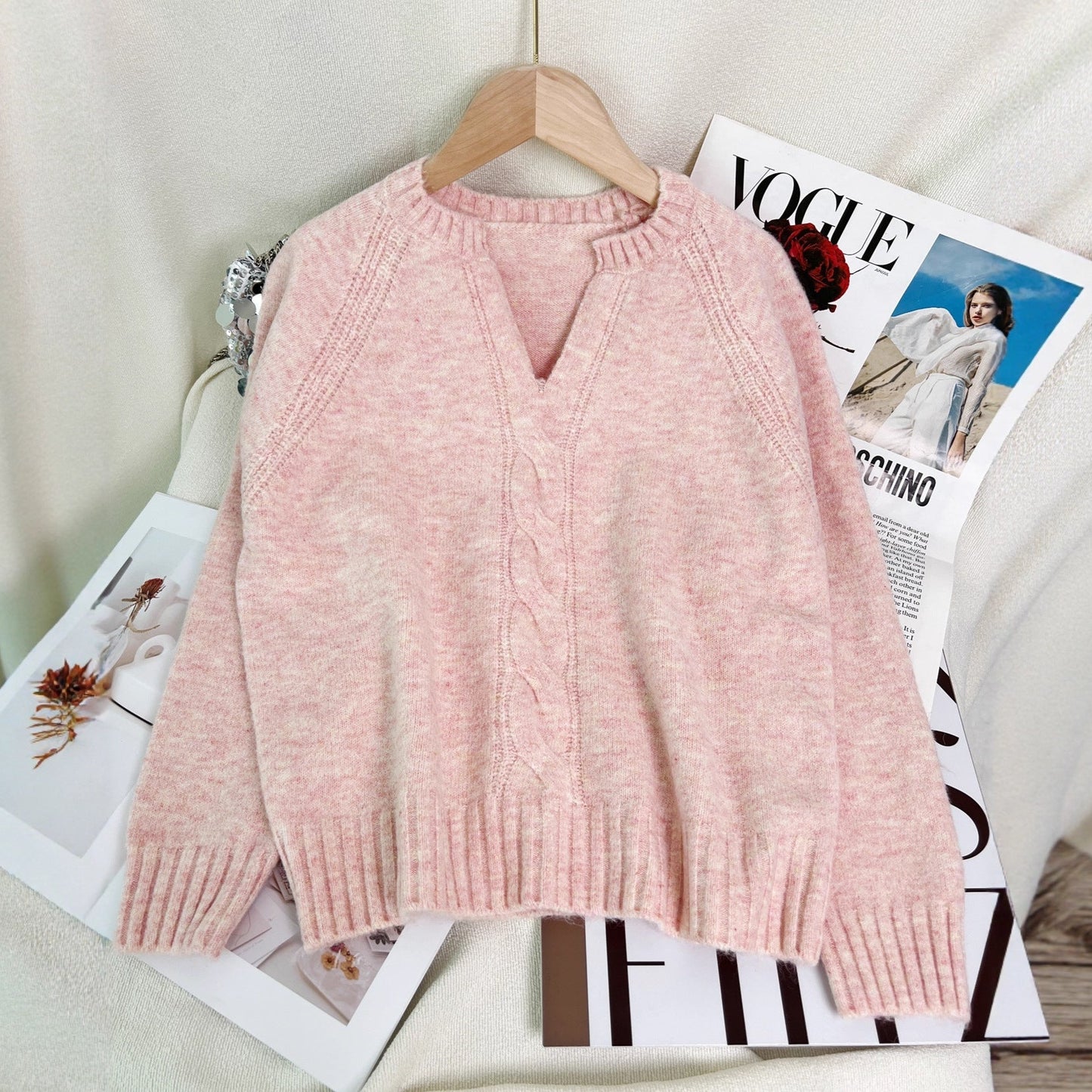 Damen Strickpullover V-Ausschnitt Zopfmuster