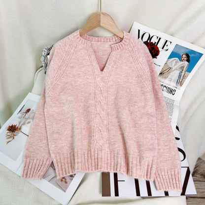 Damen Strickpullover V-Ausschnitt Zopfmuster