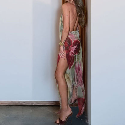 Damen Maxikleid Blumenmuster Durchsichtig Schlank Eveloria