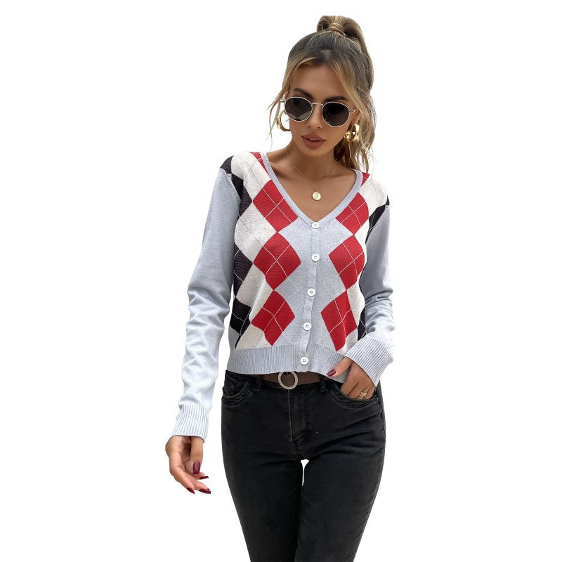 Damen Strickcardigan Rautenmuster Knöpfe Anthrazit