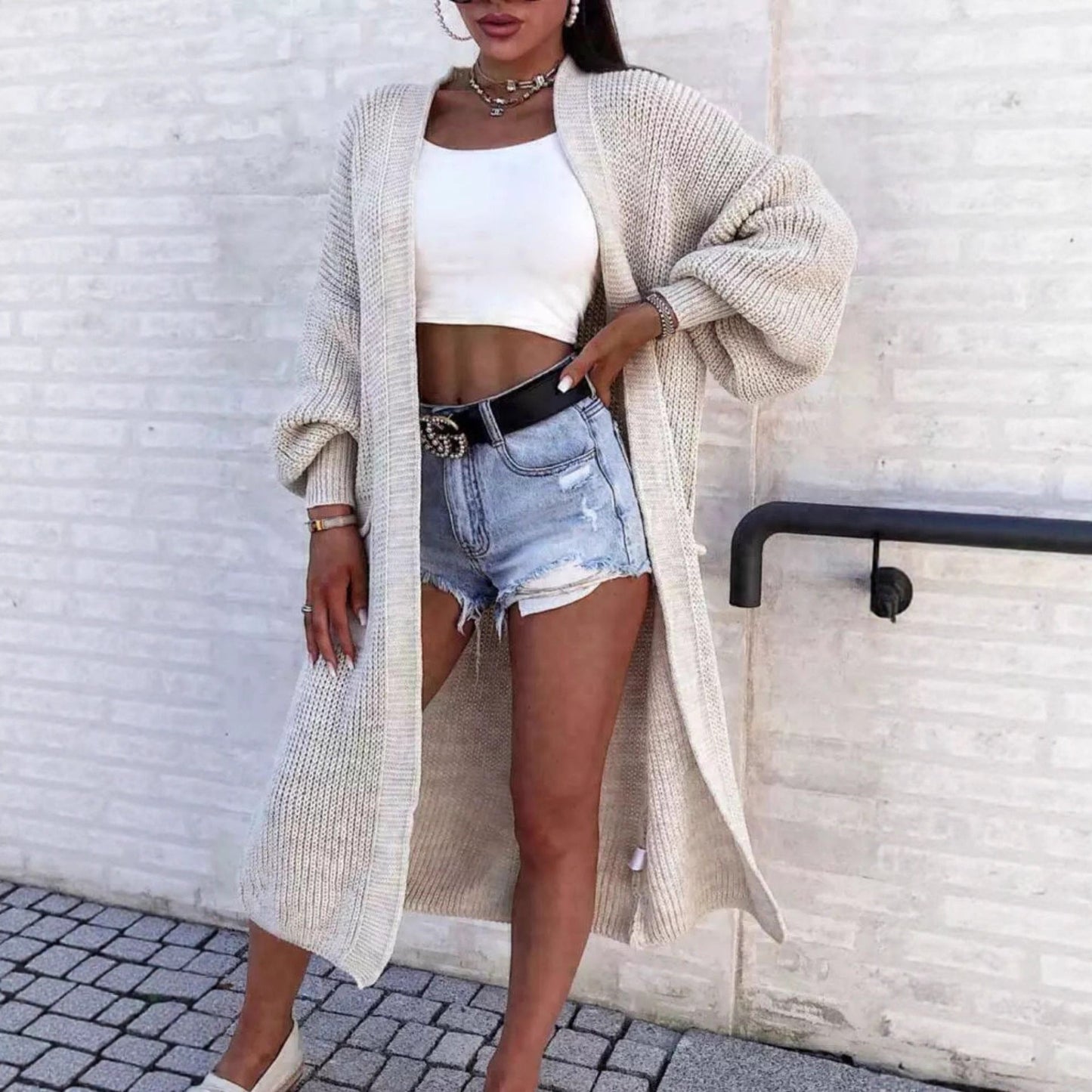 Damen Strickmantel Lang Weite Ärmel Taschen Beige