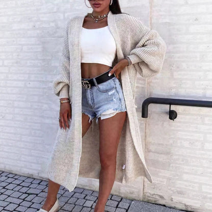 Damen Strickmantel Lang Weite Ärmel Taschen Beige