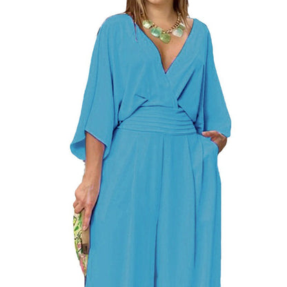 Damen High-Waist Jumpsuit Weites Bein Kimonoärmel Eveloria