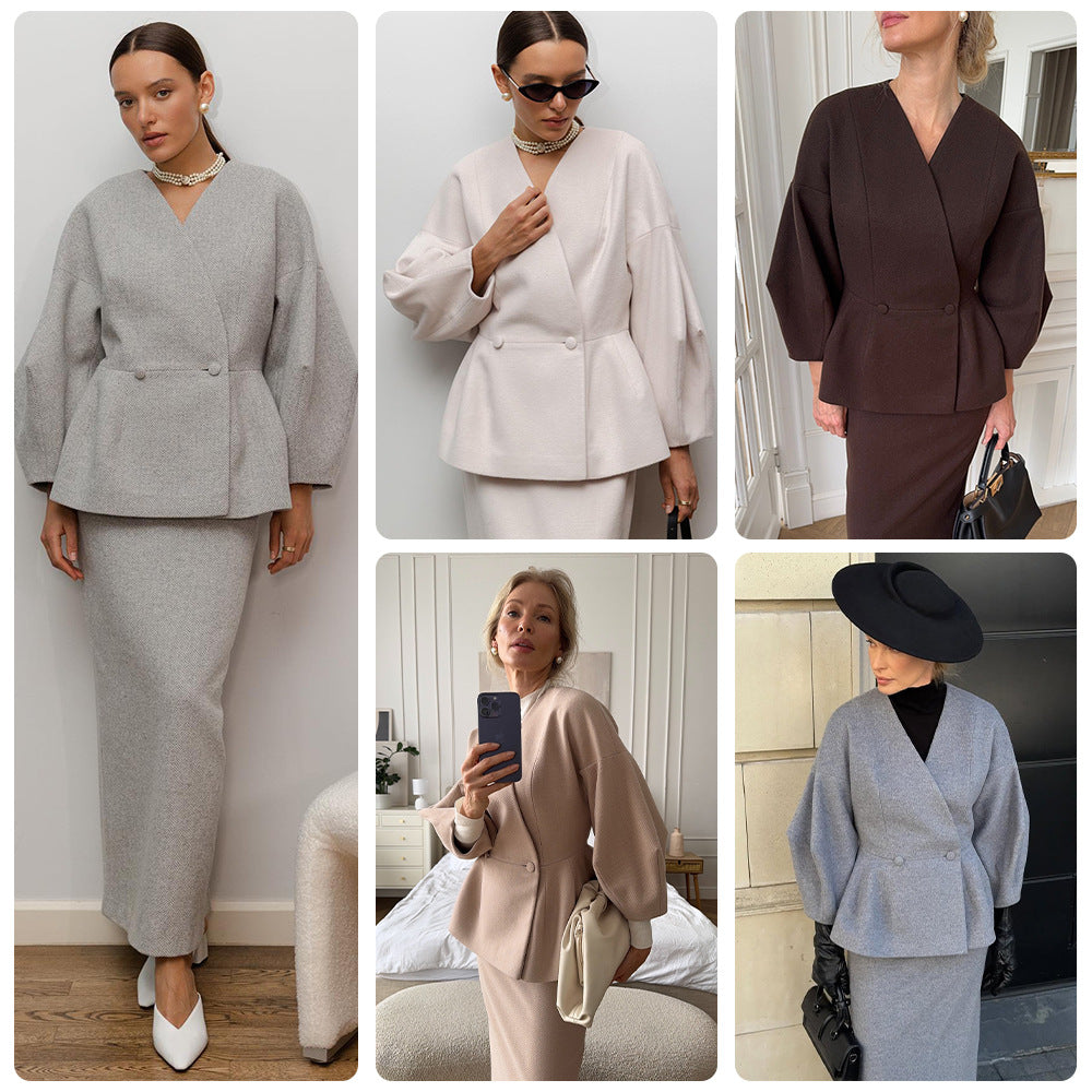 Damen Bleistiftkleid mit Blazer-Oberteil und Puffärmeln Eveloria - Eveloria