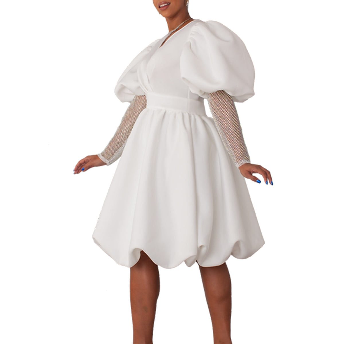 Damen Wickelkleid Puffärmel Netzoberarm Transparent Eveloria