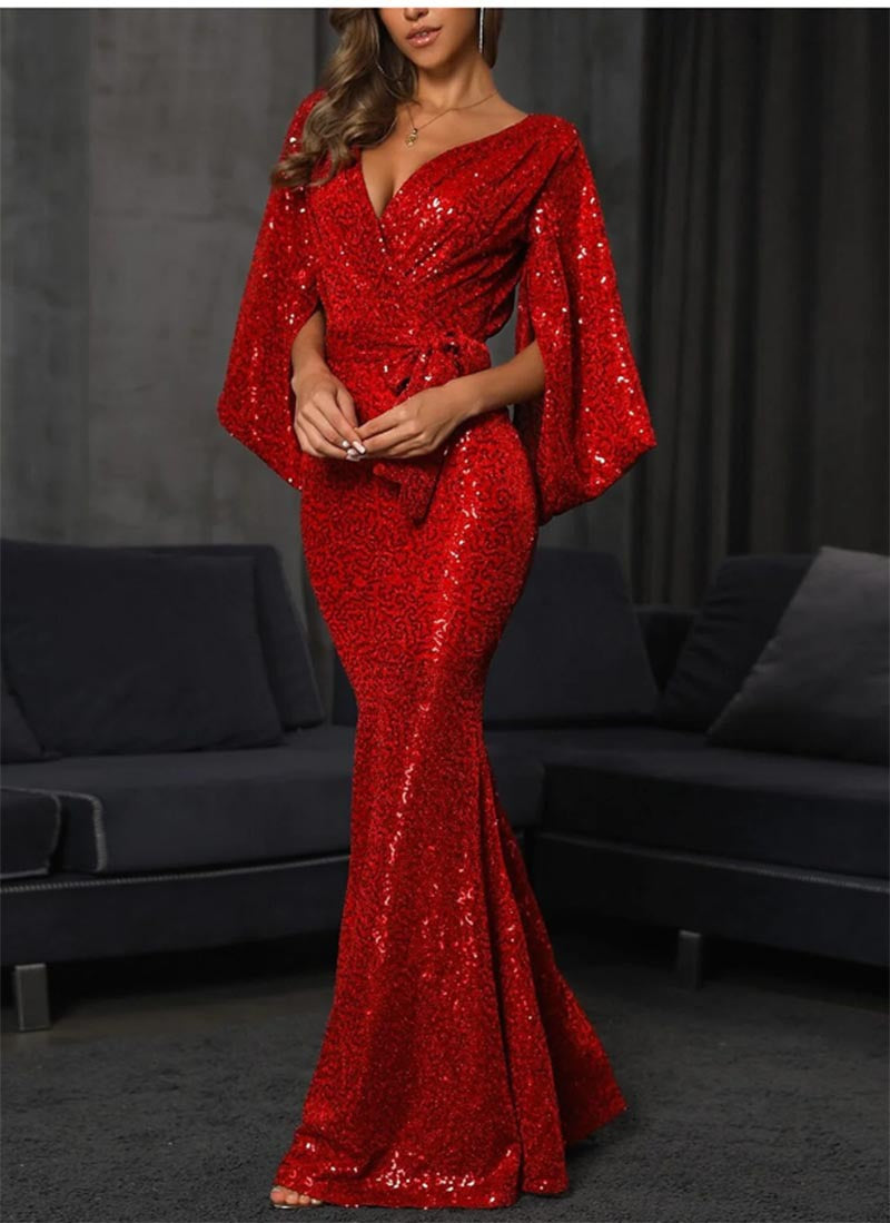 Damen Abendkleid Pailletten V-Ausschnitt Eveloria