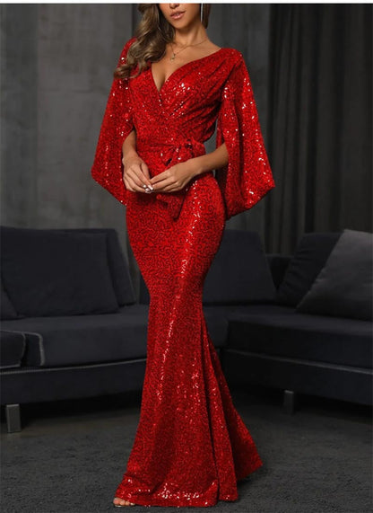 Damen Abendkleid Pailletten V-Ausschnitt Eveloria