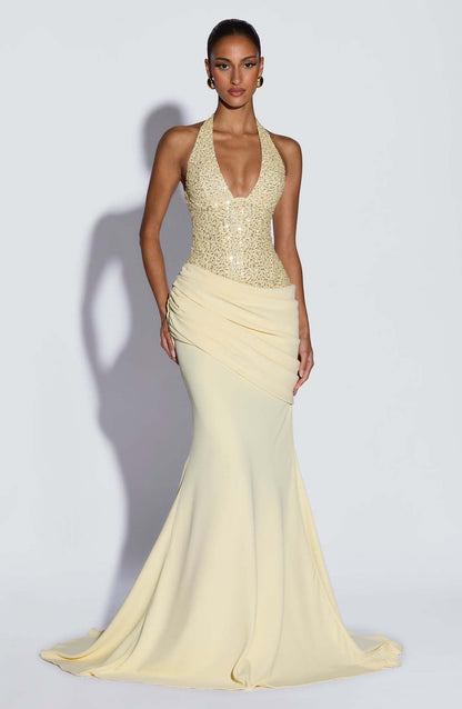 Damen Abendkleid Schimmer Oberteil Fließender Rock Eveloria