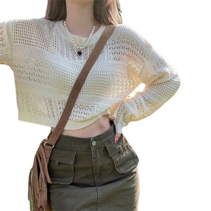 Damen Cropped Pullover Luftiger Strick Modernes Lochdesign Beige