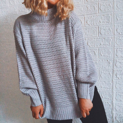 Damen Strickpullover Hochkragen Volumärmel Grau Eveloria