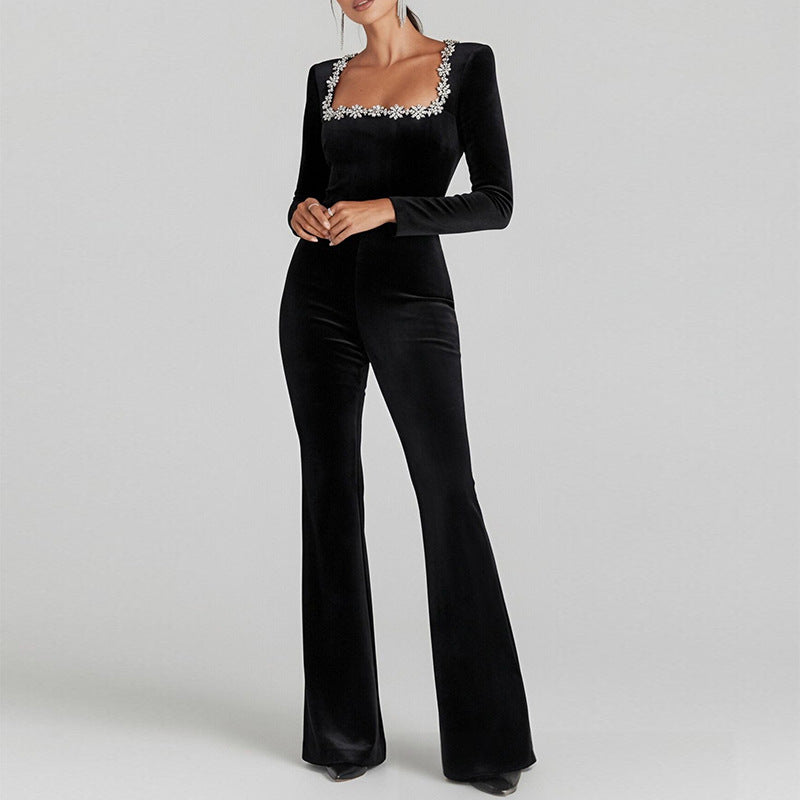 Damen Overall Flared mit Floralem Ausschnitt und Langen Ärmeln - Eveloria