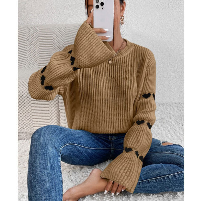 Damen Strickpullover Weite Ärmel Herz Applikation