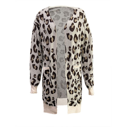 Damen Cardigan Leopardenmuster Baumwolle Taschen Beige