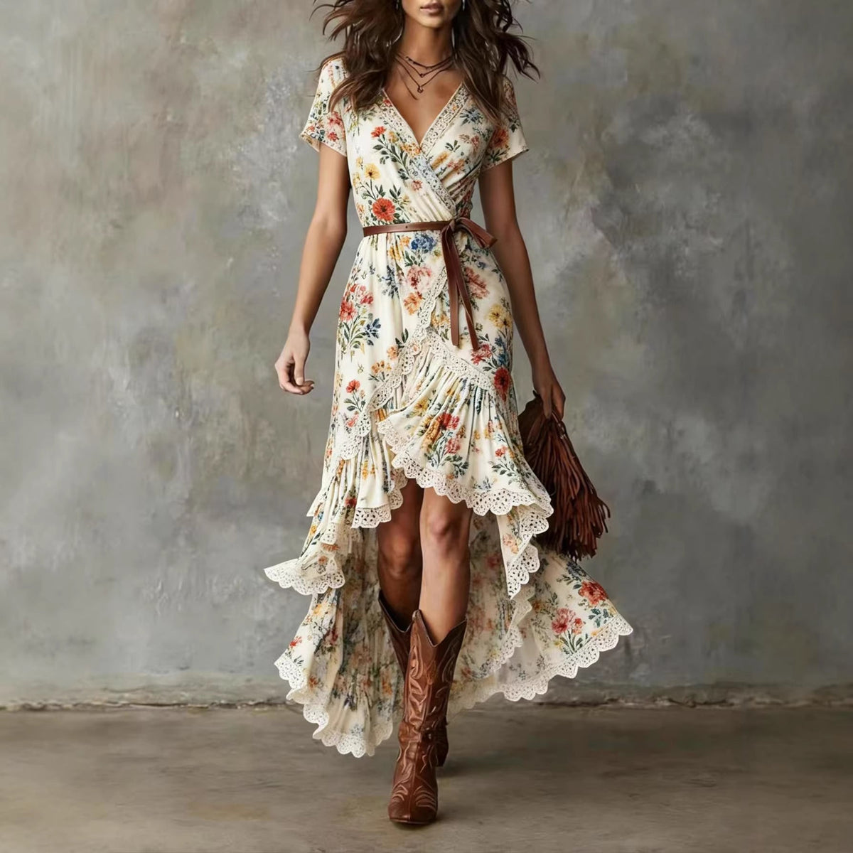 Damen Wickelkleid mit Spitzenakzenten und Blumenmustern Eveloria