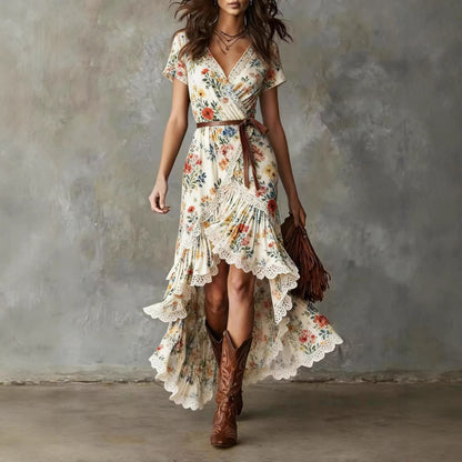 Damen Wickelkleid mit Spitzenakzenten und Blumenmustern Eveloria