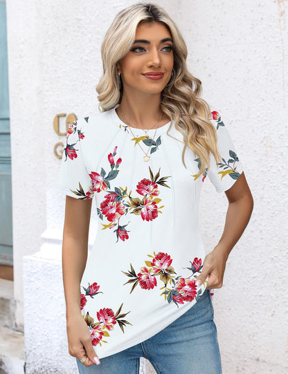 Eveloria Damen Rundhals T-Shirt Plissee Weiss
