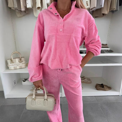 Damen Fleece-Loungewear-Anzug mit Knöpfen Eveloria