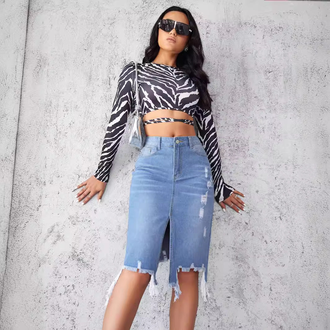 Damen Denim-Rock Asymmetrisch Destroyed Blau