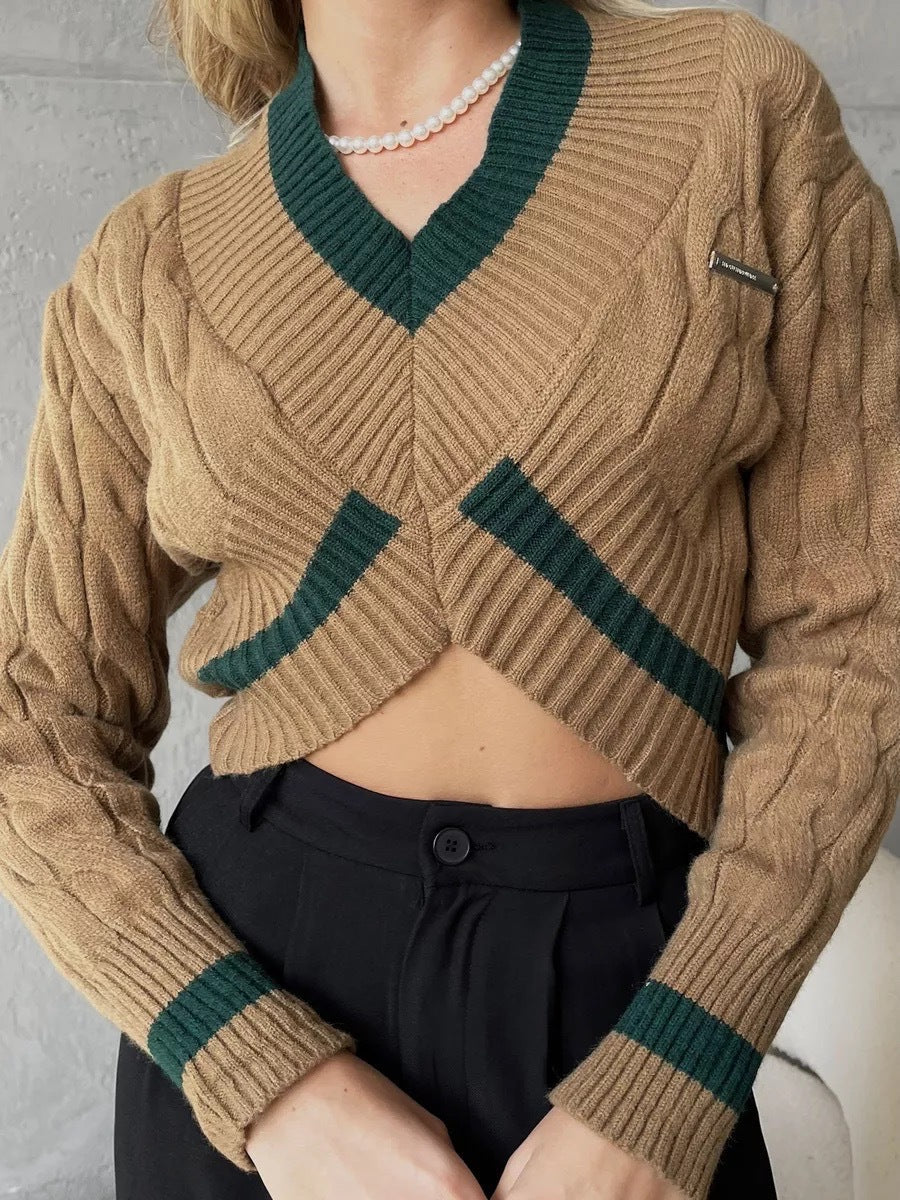 Damen Cropped Strickpullover V-Ausschnitt Kontrastdetails
